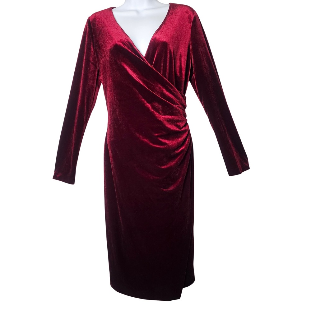 Lauren Ralph Lauren Women Velvet Faux Wrap Dress Size 10 Burgundy Ruched Holiday